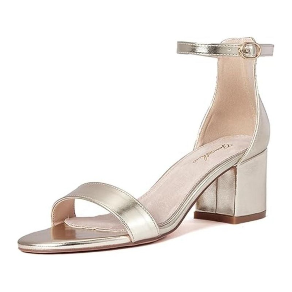 Women's Chunky Low Heels Open Toe Gold Ankle Strap Sandals Wedding Shoes‎ (9.5)
